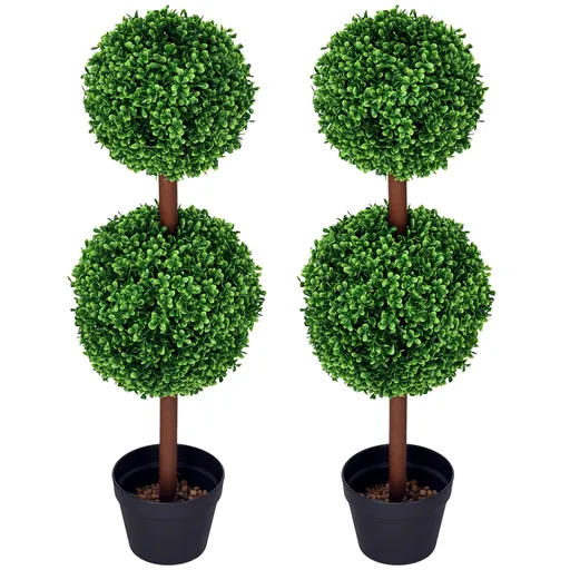 HOMCOM Set de 2 arbori buxus artificial cu dublă mingi cu trunchi și ghiveci inclus - înălțime 90 cm verde | Aosom Romania
