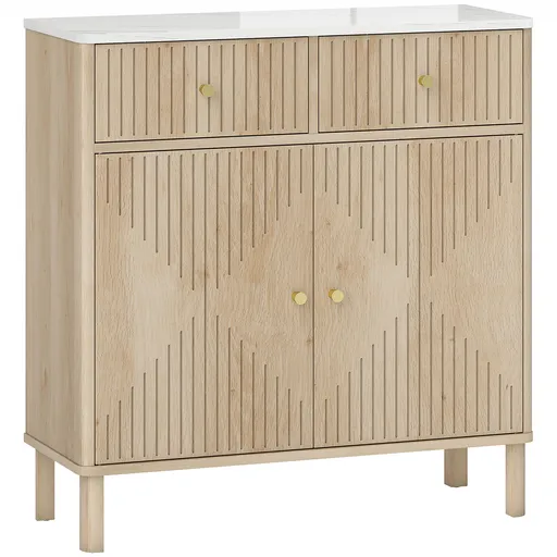 HOMCOM Comodă de Bucătărie cu 2 Sertare, Dulap și Blat cu Efect de Marmură Stejar | Aosom Romania