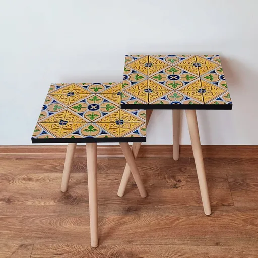 Set masute 2 piese, Hanah Home, 2Shp46, Galben / Bej / Verde / Albastru Marin