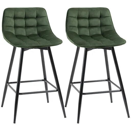 Set de 2 scaune de bar HOMCOM cu spatar, tapitate, stil nordic, metal, catifea, verde, 45x47x88cm | Aosom Romania
