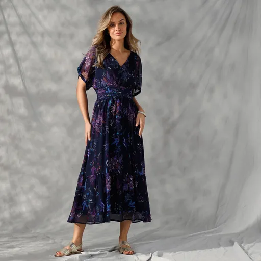 Rochie lungă din voal cu imprimeu