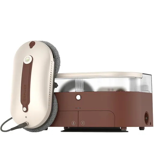 Robot curatare geamuri Spider SPRAY Pro, 120W, 3000 Pa, 3 moduri de miscare, 50 ml, 2 duze pulverizare, Statie portabila, Bej/Maro