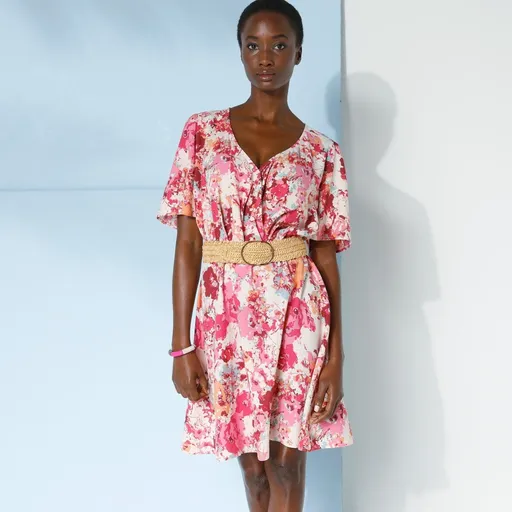 Rochie scurtă evazată cu decolteu încrucișat, imprimată