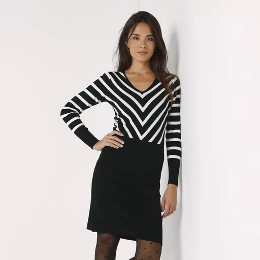 Rochie pulover cu dungi contrastante