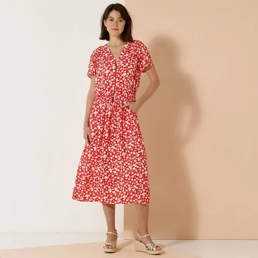 Rochie lungă cu decolteu cu fermoar și mâneci scurte, din crepon cu imprimeu