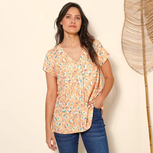 Bluză cu mânecă scurtă, cu decolteu în V, imprimeu floral