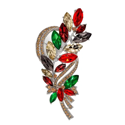 Troli Broșă frumoasă cu cristale colorate Creangă Silver