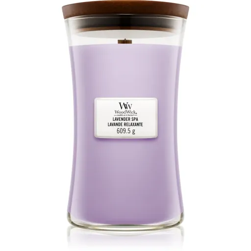 Woodwick Lavender Spa lumânare parfumată cu fitil din lemn 609.5 g