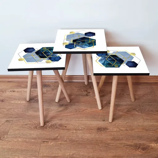 Set masute 3 piese, Hanah Home, 3Shp327, Alb / Bleumarin / Albastru / Auriu