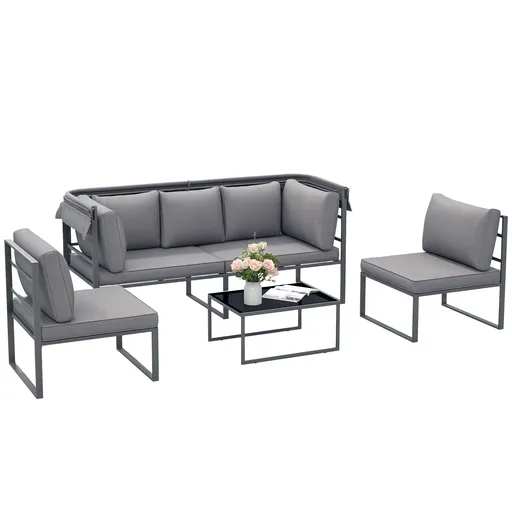 Outsunny Salon de gradina exterior 4 piese modular cu canapea, scaun și masă de cafea din sticlă temperată, incluse perne, gri | Aosom Romania