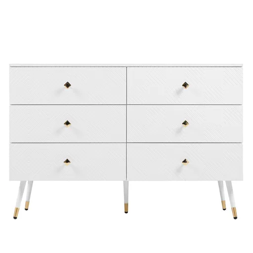 Comodă cu 6 sertare, cu model geometric și mânere în formă de diamant, pentru dormitor și living, 120x40x80 cm, Alb