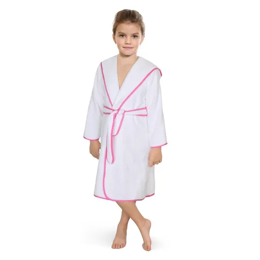 Halat frote pentru copii, alb cu tiv roz, 68 cm
