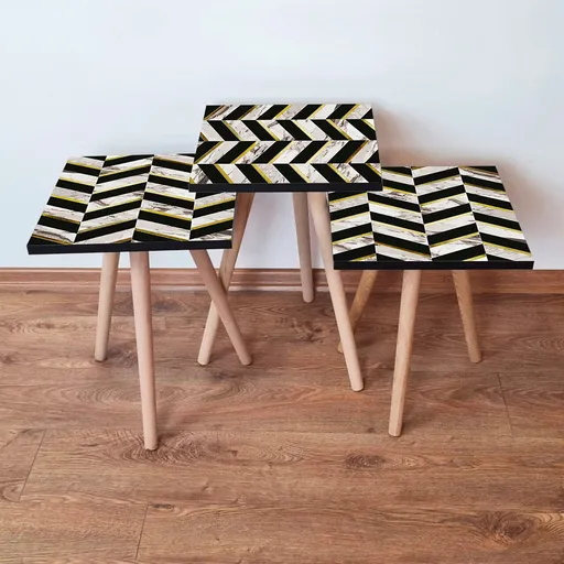 Set masute 3 piese, Hanah Home, 3Shp132, Alb / Negru / Auriu