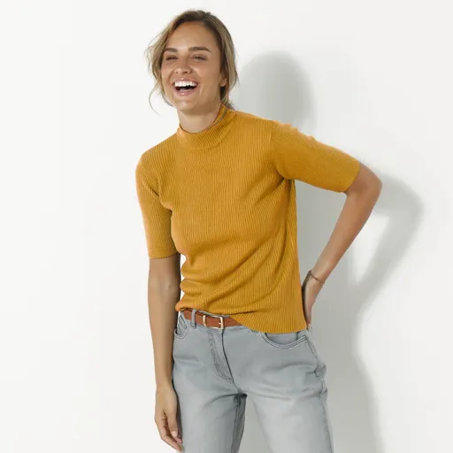 Pulover cu mâneci scurte și guler ridicat, cu nervuri