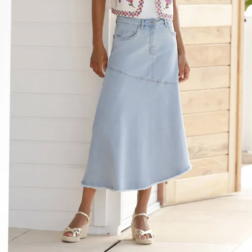 Fustă midi evazată din denim cu croială asimetrică