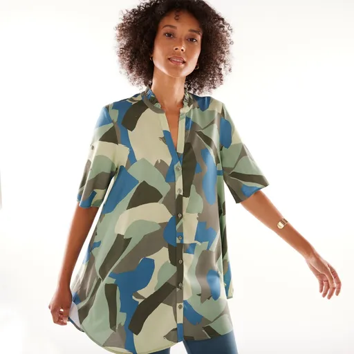 Tunică cu decolteu cu nasturi și imprimeu grafic