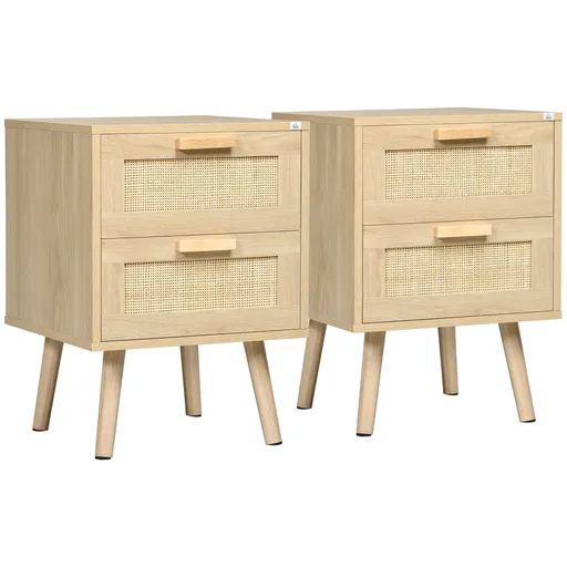 HOMCOM Set 2 Noptiere Boho Elegante, Mobilier Dormitor cu 2 Sertare, 40x40x56cm, Lemn Natural | Aosom Romania
