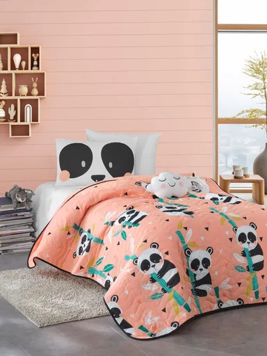 Set cuvertura Single 160x220 cm, 2 piese, L'essentiel Maison, Panida, 65% bumbac/35% poliester, Roz / Verde / Negru / Alb