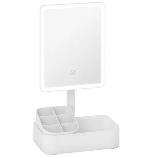 HOMCOM Oglindă Machiaj cu LED-uri, Oglindă Vanity Reîncărcabilă cu Ecran Touch, 2 Moduri de Iluminare și Rotire 180°, Alb | Aosom Romania