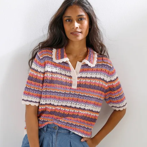 Bluză cu dungi ajurate și guler