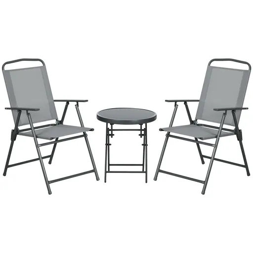 Outsunny Set de Exterior din 3 Piese cu Masă  cu Blat din Sticlă și 2 Scaune Pliabile din Plasă, Ф45x50 cm, Gri Deschis | Aosom Romania