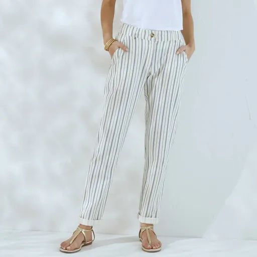Pantaloni chino vărgați cu talie elastică, bumbac și in