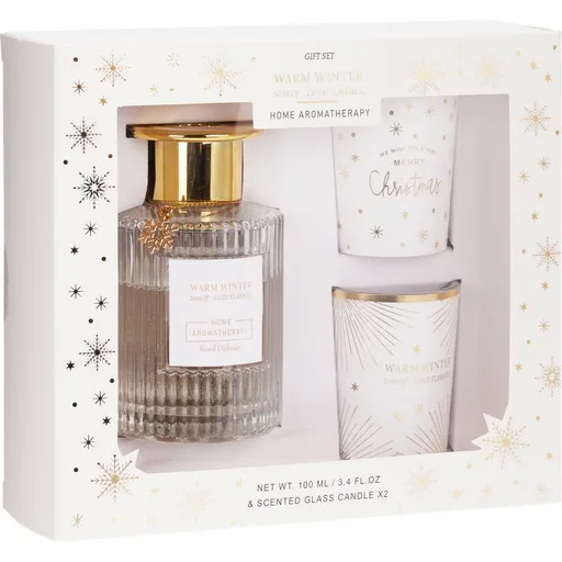 Set cadou Aroma Warm Winter, parfum Cozy Flannel,difuzor + 2x lumânare, argintiu