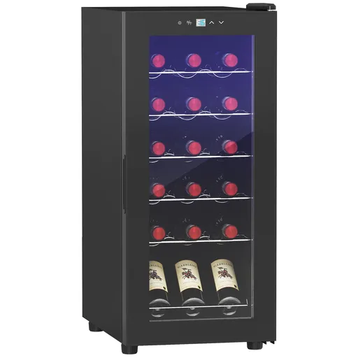 HOMCOM Frigider pentru Vinuri, Frigider de Vin cu Control al Temperaturii, Ecran Tactil Digital și Lumină LED, 18 Sticle, 34.5x45x78 cm, Negru