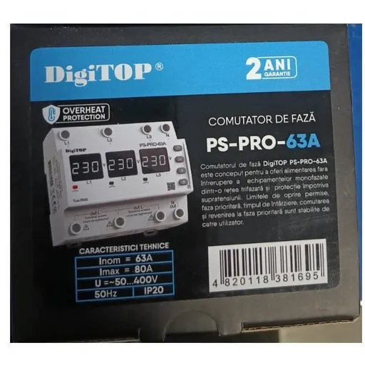 Releu comutator automat de faza si protectie tensiune Digitop PS-PRO-63A / 4820118381695