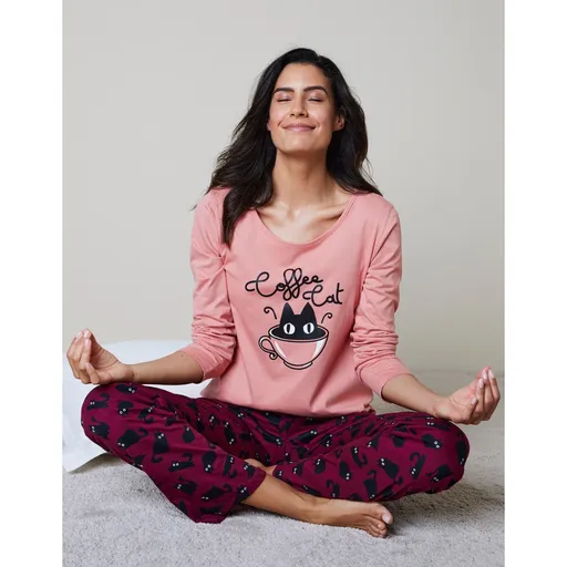 Pijama cu imprimeu Coffee Cat, din bumbac