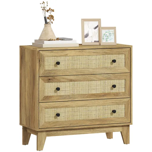 HOMCOM Comoda cu 3 Sertare Comoda de Lemn cu Frontale din Ratan Stil Cannage pentru Dormitor 80x35x76 cm Natural | Aosom Romania