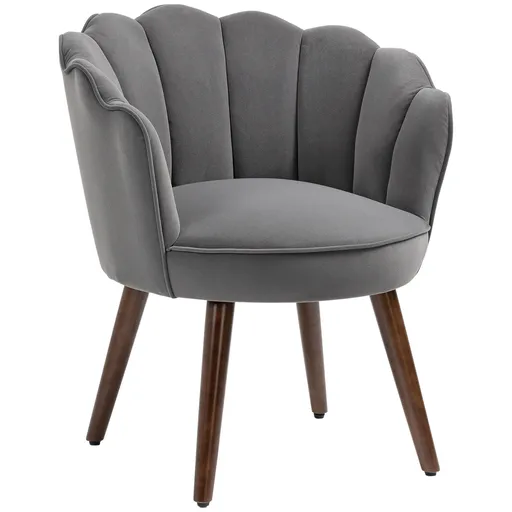 Fotoliu captusit HOMCOM cu spatar tip scoica si picioare din lemn, 66x66x78.5cm, Gri inchis | Aosom Romania