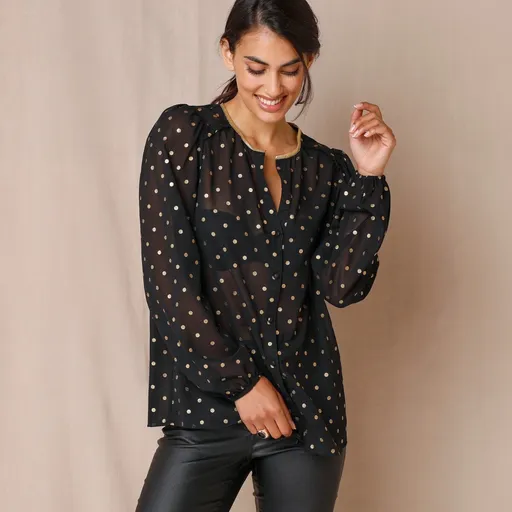 Bluză din voal cu imprimeu cu buline aurii