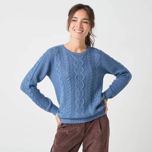 Pulover cu guler rotund și model cu împletituri