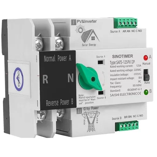 Comutator de transfer, PV, 2P cu sina DIN, SINOTIMER, comutatoare de selectie automata de transfer cu dubla alimentare, 125A SATS-125PV/2P