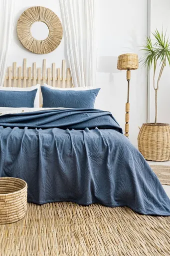 Set cuvertura de pat dubla 3 piese, L'essentiel Maison, Silvia, Bumbac, Indigo