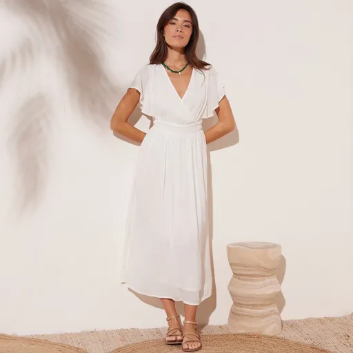 Rochie midi monocromă din crep cu decolteu încrucișat