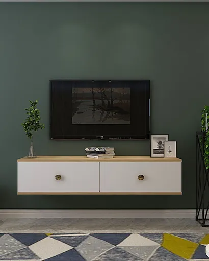 Comoda TV, Hanah Home, Zuzu 120, 120x25.8x29.6 cm, PAL , Stejar Safir / Alb / Auriu