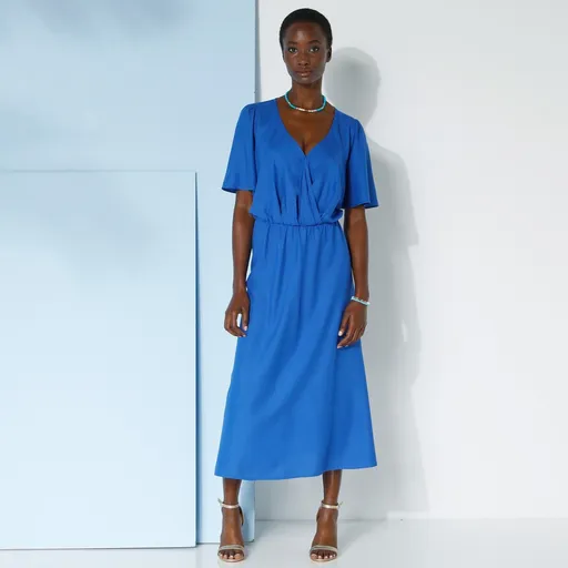 Rochie midi evazată cu decolteu încrucișat, culoare solidă