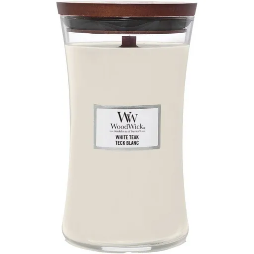 Lumânare parfumată vază mare WoodWick White Teak, 609 g
