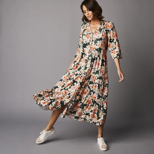 Rochie lungă cu imprimeu, cu mânecă întreagă