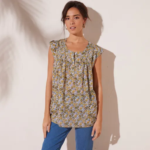 Tunica evazata cu pliuri si imprimeu floral