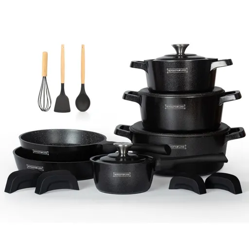 Set de oale și tigăi Royalty Line Premium set de oale și tigăi RL-OS1014M, 17 h, Turnat, Acoperire din marmură Greblon, Inducție, Negru