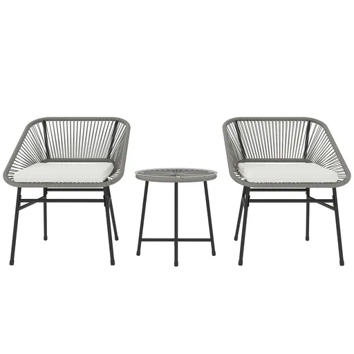 Outsunny Set de mobilier de exterior cu 3 piese, 1 masă, 2 scaune, Împletitură de ratan, Cadru din oțel, Masă de cafea cu blat de sticlă, Gri închis |