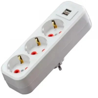 Stecher triplu Schuko Starke ST01410, 16A 2P+E cu 2xUSB alb