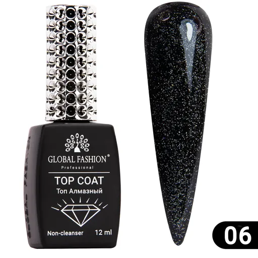 Top Coat Galaxy Unghii, Global Fashion, fara Strat Lipicios, 12 ml, Sclipici Negru 06, TPO Free