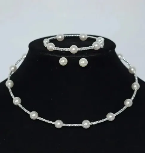 Bijuterii Mireasa cu Perle si Strasuri, French Style, Colier, Bratara si Cercei - 27428533