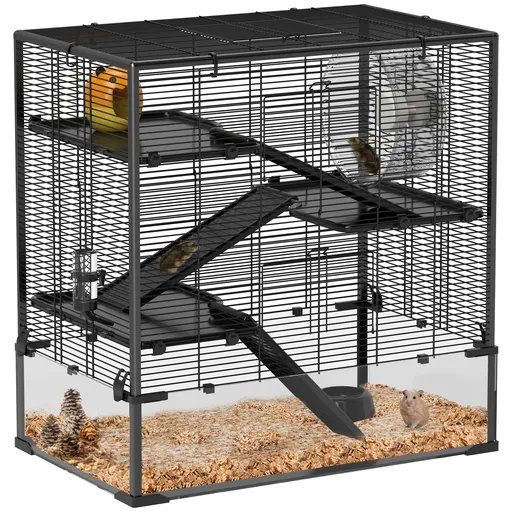 PawHut Cușcă pentru Hamster cu Bază din Sticlă, Cu 4 Etaje și Accesorii, 78,5L x 48,5B x 80H cm, Negru | Aosom Romania