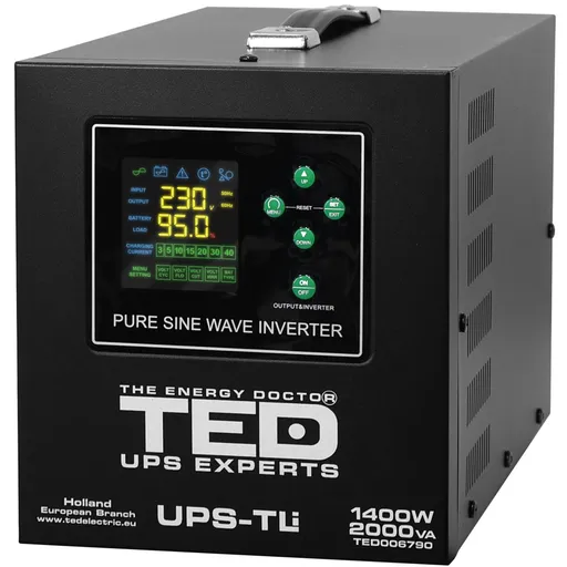 UPS pentru centrala termica (pe lemne / gaz) TED Electric 2000VA/1400W TED006790, unda sinusoida pura, borne externe 24v, suporta acumulatori Litiu/Pb