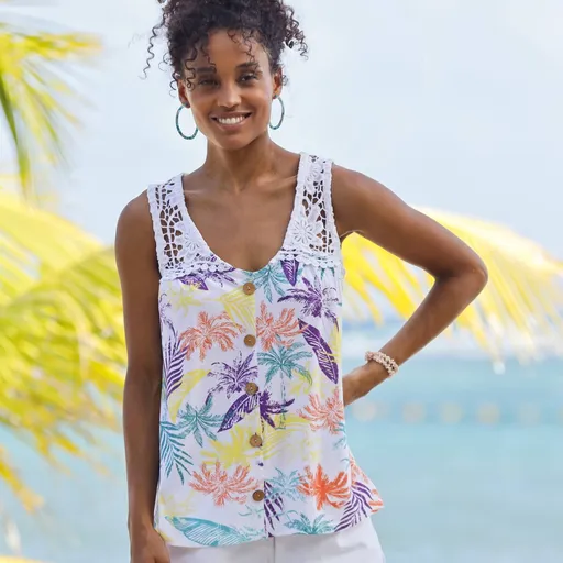 Top cu macramé și nasturi decorativi, imprimat